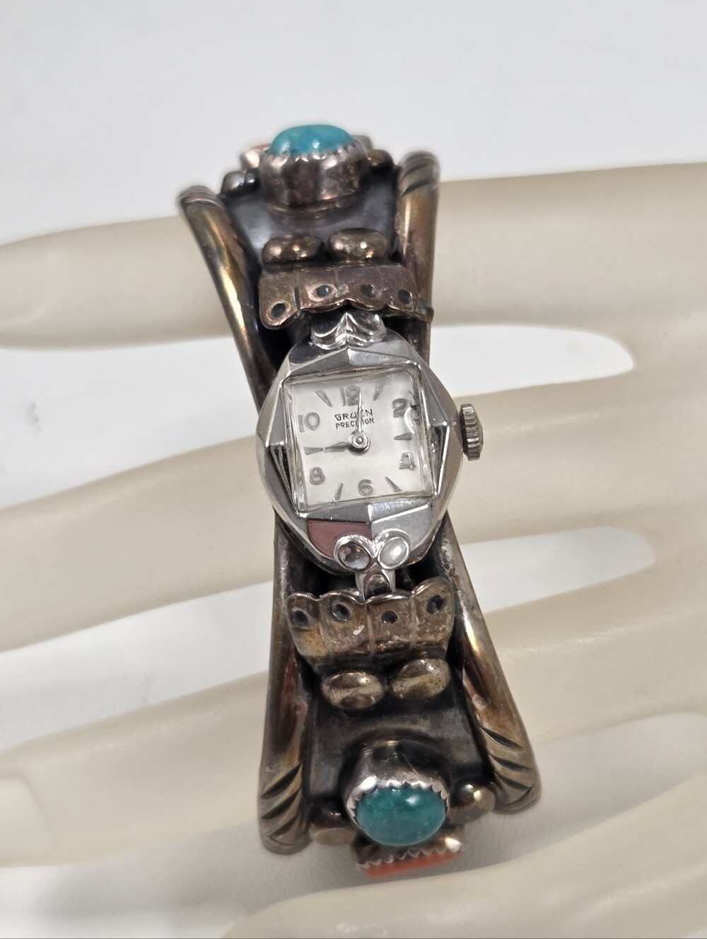 Vintage Sterling Silver PL Hallmark Turquoise Coral Route 66 Cuff Watch